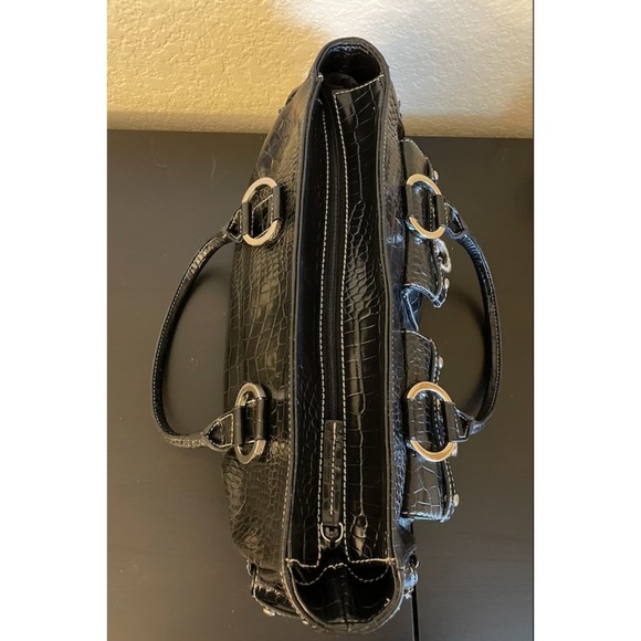 Valerie Stevens Bling Rhinestone Faux Croc Embossed Black Satchel Bag - Picture 5 of 13